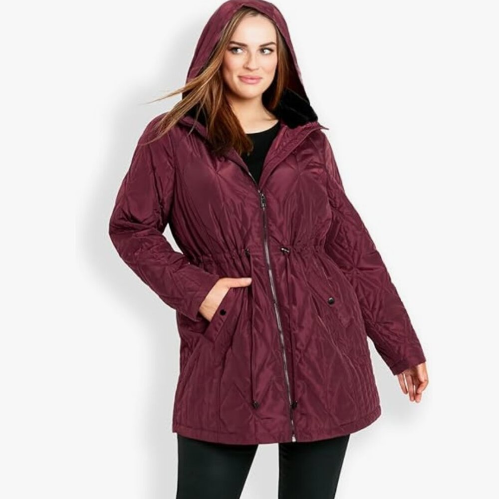 EVANS Faux Fur Collar Padded Quilted Jacket Size 30/32 burgundy 3X NEW $179 msrp - Picture 6 of 6